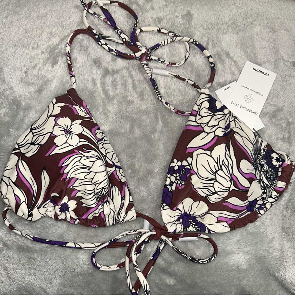 Floral Bikini Top with Purple and Brown Accents